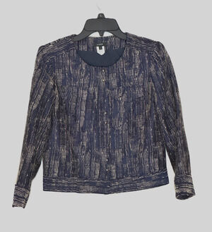 J.Crew Collarless Tweed Lady Jacket 4 S Navy Blue White Striped 3/4 Sleeve 37112